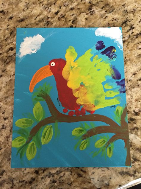 Parrot foot print hand art. Bird Footprint, Dr Seuss Preschool Activities, Art Ideas For School, Dr Seuss Preschool, Kids Canvas Painting, Parrots Art, Preschool Arts And Crafts, Kids Painting, Summer Painting