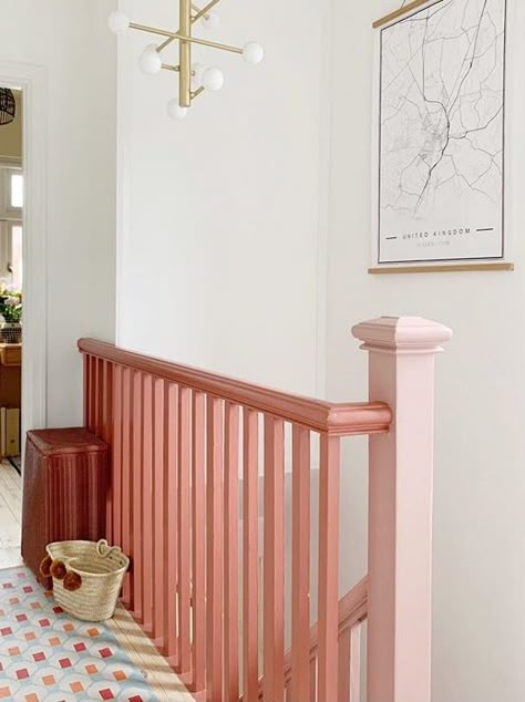 Pink Stair Banister, Colored Stair Railing, Pink Banister, Coloured Banisters Stairways, Colourful Bannister, Pink Bannister, Pink Skirting Boards, Coloured Bannister, Painted Stair Spindles