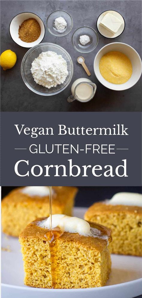 Just the Best Vegan Buttermilk Gluten-Free Cornbread recipe out here, perfect for teatime or serving with Vegan Chili. Super easy to make, one bowl and one baking pan. It's moist and has just the right balance of sweetness and savory notes. #vegancornbread #glutenfreecornbread #cornbreadfed #cornbread | cornmeal, Thanksgiving Homemade Baking Powder, Gluten Free Cornbread Recipe, Healthy Juicing Recipes, Quick Vegan Dinner Recipes, Vegan Buttermilk, Vegan Cornbread, Vegan Comfort Food Recipes, Gluten Free Cornbread, Healthy Juicing