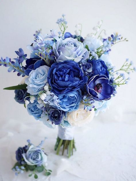 Blue Wedding Bouquet Ideas, Anemone Bouquet, Blue Flowers Bouquet, Wedding Bouquet Ideas, Blue Wedding Bouquet, Flowers And Greenery, Blue Themed Wedding, Blue Wedding Flowers, Prom Flowers