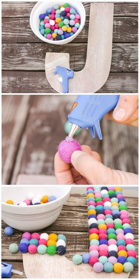 When your kid’s too young to tell you what their favorite color is, it’s best to play it safe and make sure that all the colors are well-represented in their nursery decor. This wooden letter DIY is an easy way to personalize your baby’s space without too much effort. Plus, sticking the little pom-poms on one by one is pretty therapeutic. Wooden Letters Diy, Letter Diy, Diy Decoracion, Diy Crafts For Adults, Diy Letters, Teen Outfits, Kraf Diy, Project Nursery, Playroom Ideas