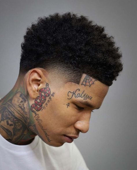 Blowout Fade, Taper Fade Afro, Curly Taper Fade, Blowout Haircut, High Taper, Face Tats, Haircut Inspo, Sleek Hair, Tapered Hair