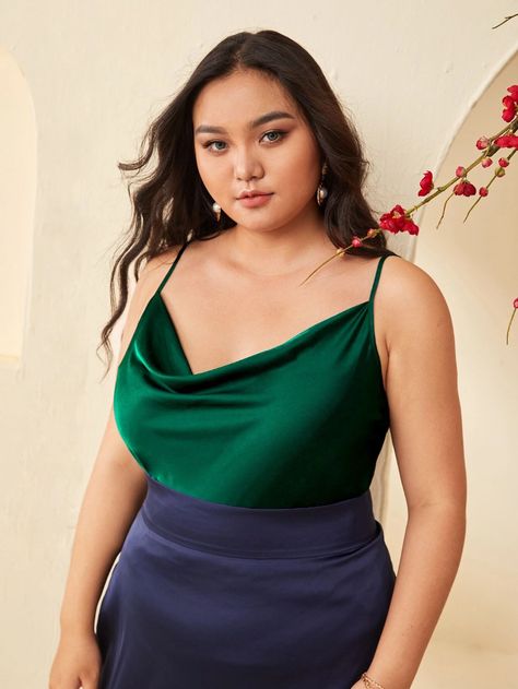 SHEIN Plus Cowl Neck Solid Satin Cami Top | SHEIN USA Outfits Black Women, Satin Cami Top, Top Satin, Capsule Closet, Top Shein, Satin Cami, Summer Plus Size, Cowl Neck Top, Plus Size Tank Tops