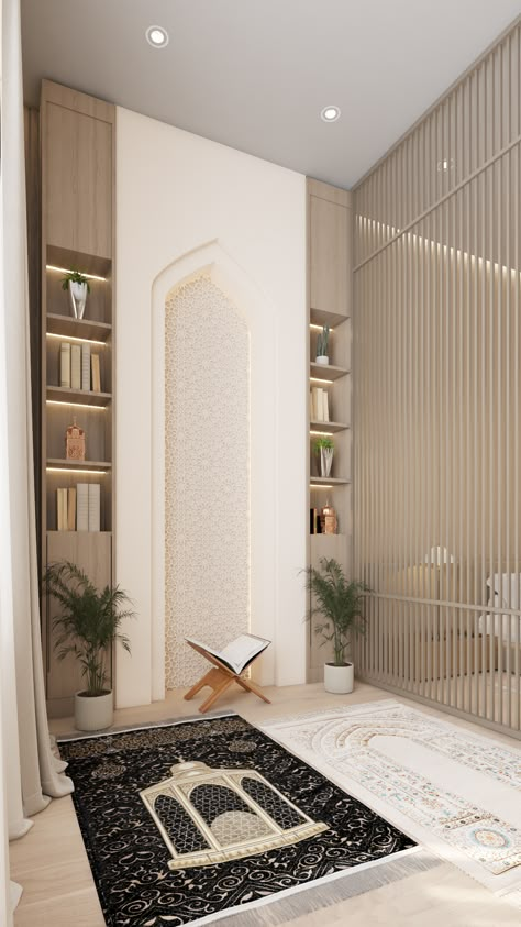 Master Bedroom Design With Prayer Corner Islamic Corner Design, Islamic Corner, Bedroom With Balcony Design, Islam Room Decor, Muslim Prayer Corner Ideas, Namaz Room, Praying Corner, Praying Room, Prayer Room Design