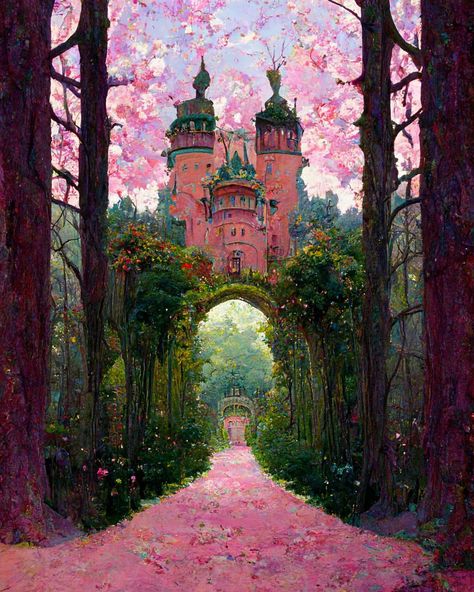 Euphemia Stokefield su Instagram: "Fairy castle in the sky. #art #artwork #digitalart #ai #aiart #aiartcommunity #euphemiastokefield #aiartist #aiartists #pink #green #fairy…" Castle In The Sky Art, Minecraft Nature, Bedroom Design For Teen Girls, Nature Kingdom, Princess Core Aesthetic, Minecraft Reference, Logo Gallery Art, Fairy Garden Art, Kingdom Aesthetic