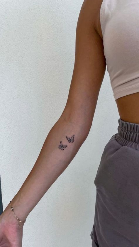 Butterflies Up Arm Tattoo, Star And Butterfly Tattoos, Tattoos For Small Arms, Small Butterfly Tattoo On Arm, Two Small Butterflies Tattoo, Tat Ideas For Women, Minimalist Tattoo Butterfly, Butterfly Tattoo Inner Arm, Butterfly Tattoo Dainty