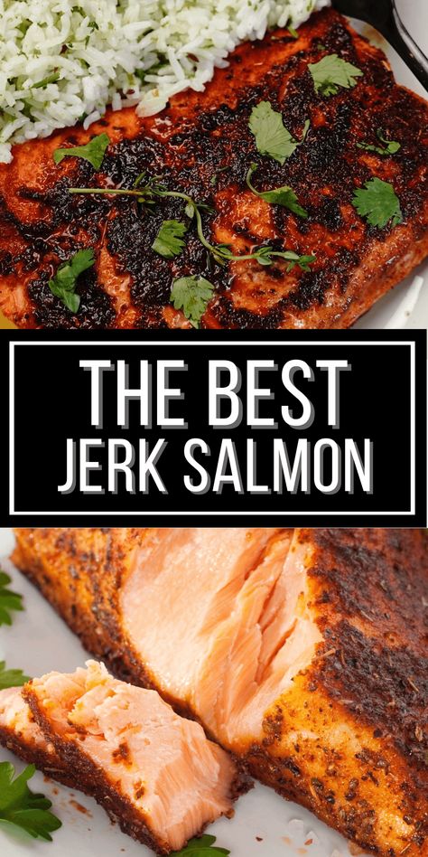 This Jerk Salmon has so much flavor. It is spicy, sweet, salty and a little bit smoky. This recipe is ideal for the oven, air fryer or grill. The jerk rub locks in all the moisture into the fish making an amazing meal. Jerk Salmon Recipe, Spicy Salmon Recipes, Jerk Salmon, Oven Air Fryer, Salmon And Sweet Potato, Grilled Salmon Recipes, Fish Dinner Recipes, Easy Salmon Recipes, Spicy Salmon