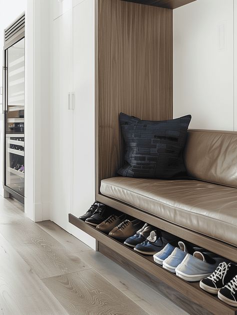 Narrow Entryway Ideas: Hidden Shoe Storage Bench Entryway Built In Bench With Storage, Bench With Hidden Storage, Mudroom Entryway Decor, Shoes Hallway, Narrow Storage, Mudrooms Small Space, Shoes Bench, Small Corridor Ideas, Hallway Storage Ideas Narrow