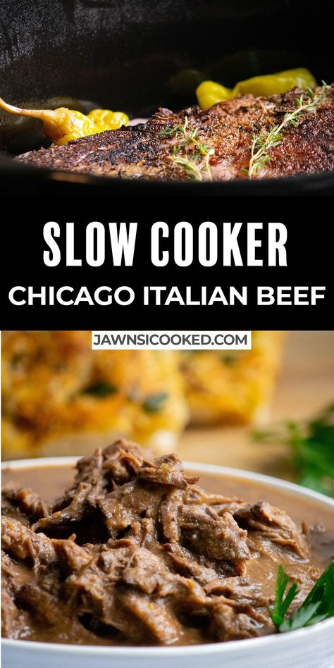 This delicious and simple Slow Cooker Chicago Italian Beef is loaded with Italian style flavor, and makes great sandwiches for parties or fuss free dinner! Chicago Beef Crock Pot, Italian Beef Crockpot Chicago, Chicago Style Italian Beef Crockpot, Shredded Italian Beef Crock Pot, Italian Beef In Crockpot, Chicago Style Italian Beef Sandwiches Crockpot, Homemade Italian Beef Sandwiches, Homemade Italian Beef, Crock Pot Italian Beef Sandwiches