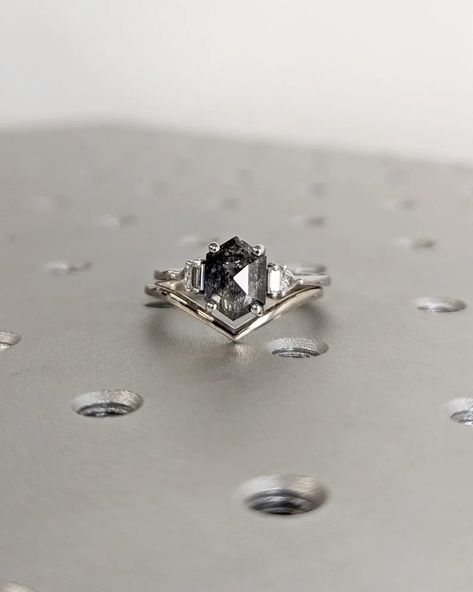 MAIN STONE
Type: Natural Salt and Pepper Diamond
Cut: Hexagon
Color: Dark / Grey / Icy

#Raw #Diamond #Hexagon #Triangle #Diamond #Salt #and #Pepper #Unique #Bridal #Engagement #Set #Baguette #Cut #Geometric #Diamond #Ring #Custom #Handmade #black #diamond #elongated #hexagon #geometric #diamond #geometric #engagement #grey #diamond #ring #hexagon #diamond #hexagon #engagement #raw #diamond #ring #rose #cut #diamond #salt #and #pepper #triangle #diamond #trillion #diamond #baguette #cut Geometric Diamond Ring, Engagement Ring Types, Black Zirconium Ring, Raw Diamond Ring, Diamond Alternative Engagement Ring, Celtic Engagement Rings, Hexagon Ring, Grey Diamond Ring, Salt And Pepper Diamond Ring