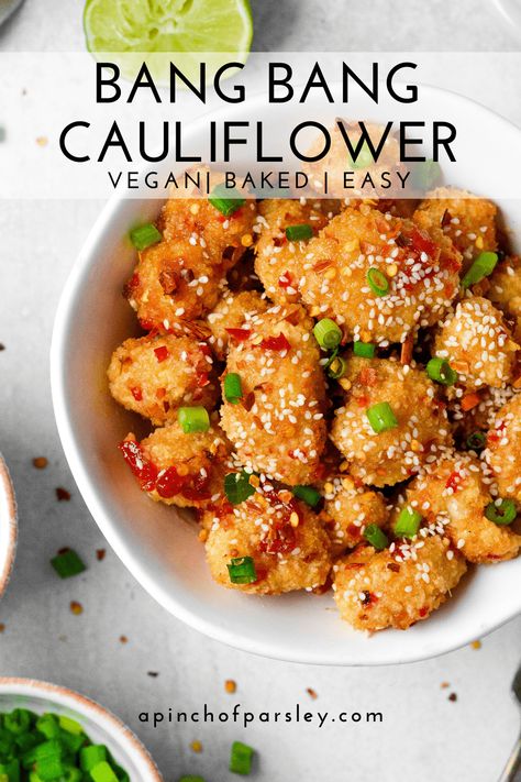 Thai Cauliflower Bites, Vegan Bang Bang Cauliflower, Cauliflower Recipes Baked, Bang Bang Cauliflower Recipe, Bang Bang Cauliflower, Bang Bang Shrimp, Cauliflower Bites, Baked Cauliflower, Sweet Chili Sauce