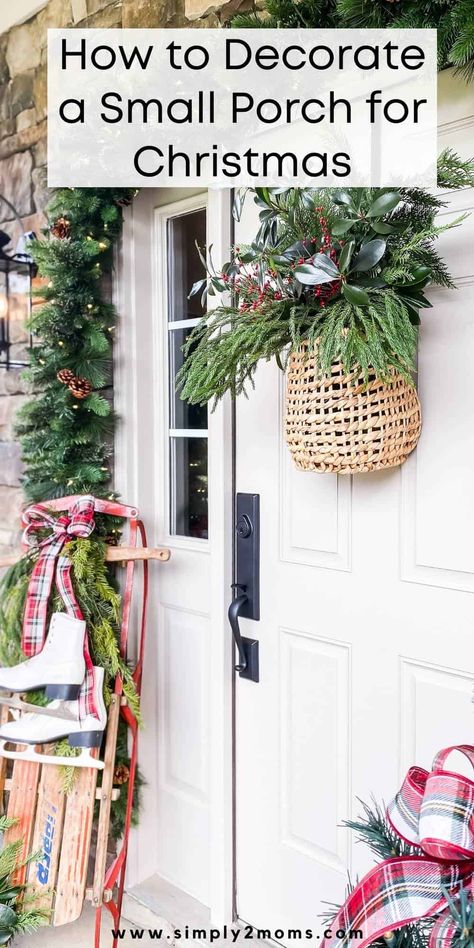 Christmas Outdoor Front Porch Decor, Outdoor Christmas Lights Small Porch, Open Porch Christmas Decor, Outdoor Christmas Decor Small Porch, Front Porch Sled Decor, Christmas Ideas For Small Porch, Small Front Porch Christmas Lights, Decorated Front Porches For Christmas, Small Christmas Porch Ideas