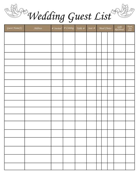 Simple Wedding Checklist Printable, Wedding Party List Template, Wedding Planning Checklist Printable Free, Guest List Template Printables, Guest List For Wedding, Diy Wedding Journal, Wedding Guest List Spreadsheet, Wedding Binders, Wedding Guest List Printable