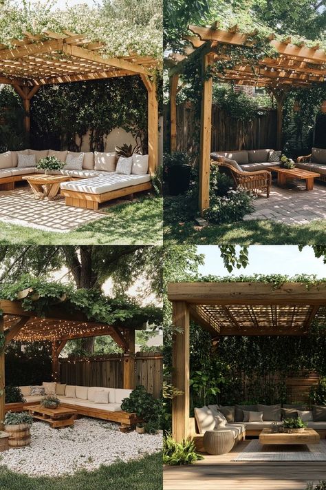 Build your own pergola to create a shaded outdoor retreat! Perfect for summer relaxation. #DIYPergola #BackyardProjects #OutdoorLiving Pergola With Shades, Wall Attached Pergola, How To Create Shade In Backyard, Creating Shade In Backyard, Triangle Pergola Ideas, 12x20 Pergola, Pergola Seating Ideas, Pergola Fire Pit Ideas, Pergola Over Pool