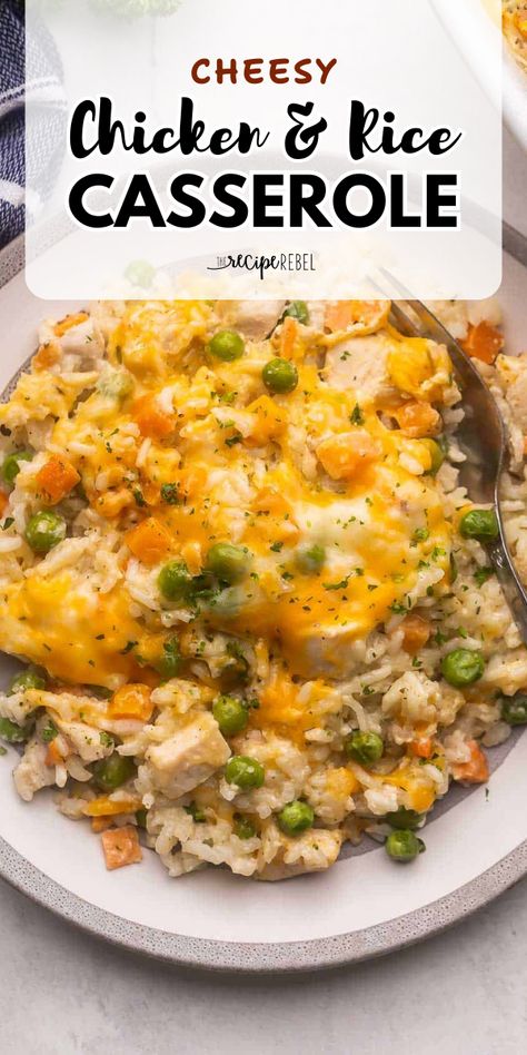 Your rotation of winter dishes must have this chicken casserole! Baked in creamy, cheesy goodness with vegetables, this chicken and rice casserole is a warm dinner idea you'll want to have again and again. Definitely one of the best comfort food recipes! Simple Chicken And Rice Casserole, Chicken Breast Recipes Rice, Kid Friendly Chicken Dinner, White Rice And Chicken, Easy Cheesy Chicken And Rice, Baked Chicken And Rice Recipes, Rice And Chicken Casserole, Cheesy Chicken Rice Casserole, Cheesy Chicken And Rice Casserole