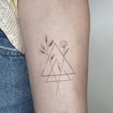 Botanical Triangle Tattoo 1 Triangle Tattoo Placement, Triangle Arm Tattoo, Open Triangle Tattoo, Triangle Cover Up Tattoo, Two Triangle Tattoo, Tattoo With Triangle, Small Triangle Tattoo, Three Triangle Tattoo, Triangle Flower Tattoo