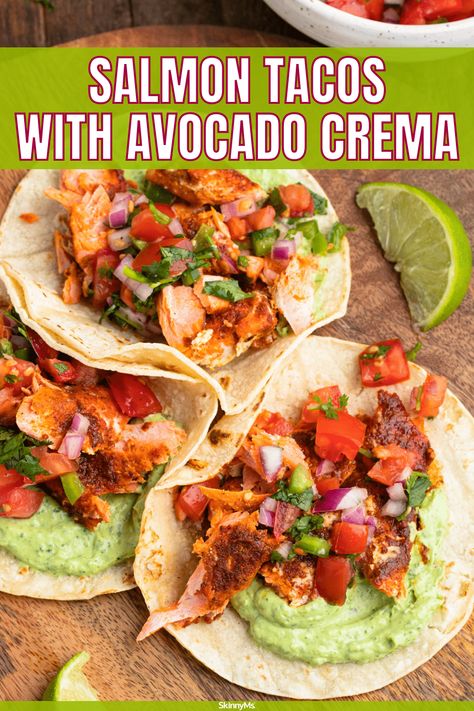 Salmon Tacos with Avocado Crema Avocado Crema Recipe, Homemade Cabbage, Avocado Slaw, Salmon Fish Tacos, Salmon Tacos Recipe, Tacos With Avocado, Crema Recipe, Recipes Salmon, Recipe Salmon