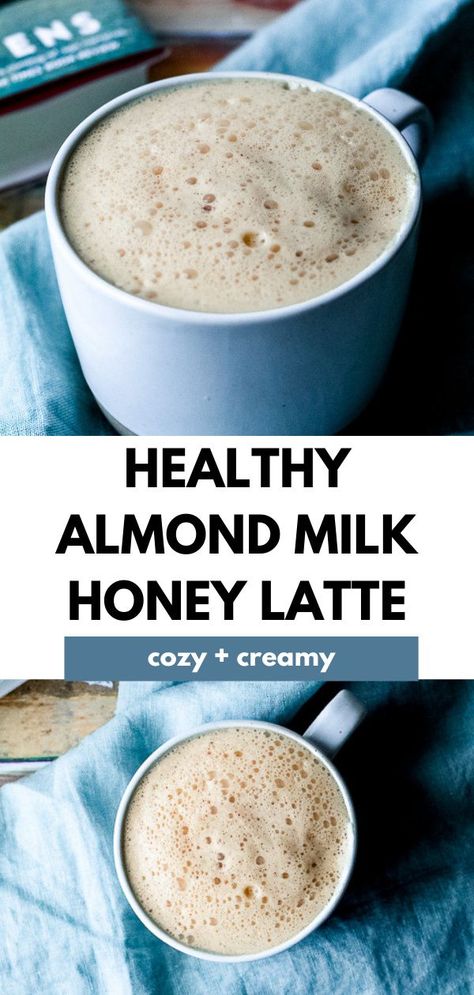 This almond milk honey latte recipe is inspired by the Starbucks almond milk honey flat white, but it's much healthier. Ingredients include real honey, almond milk and almond butter, strong coffee or espresso, and almond milk, plus a dash of cinnamon and nutmeg. Healthy Latte Recipe, Almond Milk Drinks, Honey Latte, Almond Milk Latte, Almond Milk Coffee, Latte Starbucks, Almond Milk Recipes, Real Honey, Homemade Almond Milk