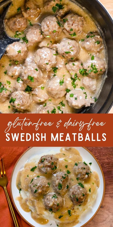 These Gluten-Free Swedish Meatballs are tender and flavorful, smothered with a savory, creamy gravy. This classic dish, which is a warm and comforting meal, can be made with beef or a combination of beef and pork. It is perfectly served with mashed potatoes. Dairy Free Sides Dishes, Gluten Free Swedish Meatballs, Dairy Free Gravy, Dairy Free Sides, Dairy Free Meatballs, Stove Top Meals, Gluten Free Meatballs Recipe, Gf Df Meals, Df Meals