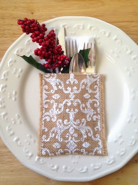 burlap silverware holder Silverware Place Setting, Burlap Silverware Holder, Christmas Silverware Holder, Swiss Rolls, Burlap Projects, Silverware Holder, Printing On Burlap, Burlap Crafts, Thanksgiving And Christmas