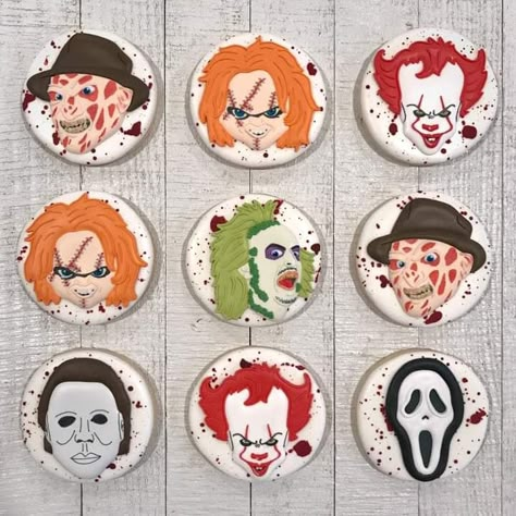 Horror movie cookies including Freddy Krueger, Chucky, IT the Clown, Beetlejuice, Michael Myers, Scream Michael Myers Cookies Decorated, Chucky Cookies Decorated, Scream Movie Cookies, Horror Themed Cookies, Halloween Horror Cookies, Beetlejuice Sugar Cookies Decorated, Horror Movie Cookies Decorated, Michael Myers Cookies, Beetlejuice Decorated Cookies