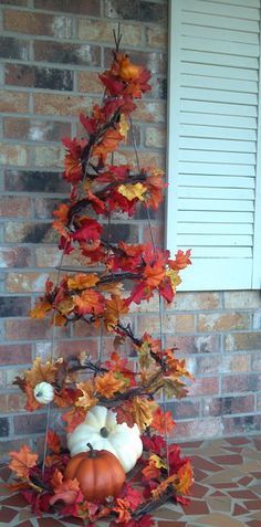 front porch decor for fall pumpkins fall leaves, could use tomato cage for this, definitely doing this Tomato Cage Crafts, Fall Leaf Garland, Image Halloween, Fall Tree, Tomato Cages, Fall Deco, Fall Thanksgiving Decor, Fall Outdoor Decor, Farmhouse Fall Decor