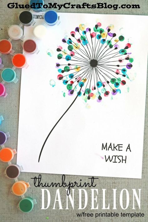 Thumbprint Dandelion - Kid Craft - this idea would be a great gift for a teacher or a DIY project for grandparents! Thumbprint Dandelion, Printable Diy Crafts, Kid Craft, Kid Art, Crafty Kids, Spring Art, Childrens Crafts, Kid Activities, Cane Corso