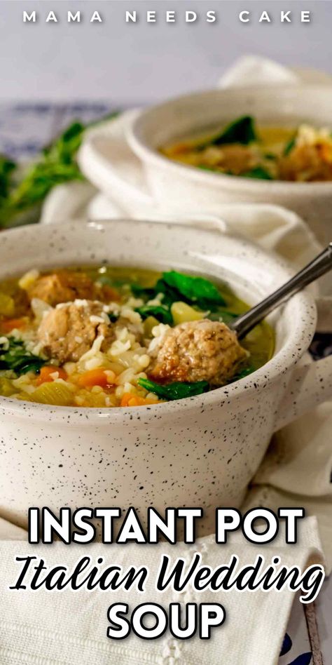 This Instant Pot Italian Wedding Soup is a delicious dish consisting of acini de pepe, chopped vegetables, and meatballs. This soup makes an easy meal and is ready to eat in thirty minutes! It's also bursting with flavor and is good for you! Check out this healthy meal idea and find a new family favorite soup! Instant Pot Italian Wedding Soup, Italian Orzo, Easy Italian Meatballs, Chicken Meatball Soup, Soups And Stews Recipes, Instant Pot Italian, Italian Meatball Soup, Instapot Meals, Instant Pot Dinners