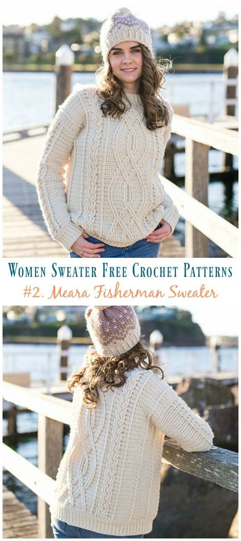 Meara Fisherman Cabled Sweater Crochet Free Pattern - Fall Winter Women #Sweater; Free #Crochet; Pattern Crochet Jumper Pattern Women, Cable Knit Crochet Sweater, Cable Sweater Crochet Pattern, Crochet Pattern Womens Sweater, Cable Crochet Sweater Pattern Free, Vintage Sweater Crochet Pattern, Fisherman Sweater Crochet Pattern, Rory Gilmore Sweater Crochet Pattern, Crochet Winter Free Pattern