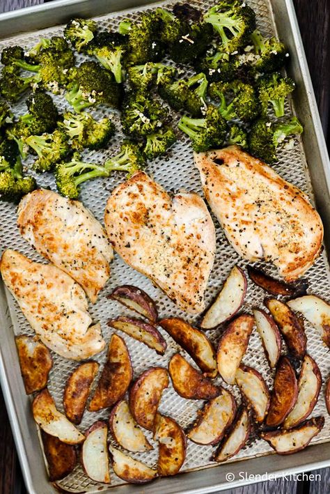 Garlicky Chicken, Broccoli And Potatoes, Hunger Pangs, Roasted Chicken And Potatoes, Slender Kitchen, Sheet Pan Dinners Chicken, Broccoli Bake, Chicken And Potatoes, Weight Watchers Chicken