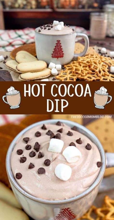 This 3-ingredient hot chocolate dip is a light and fluffy dessert dip that tastes just like a cup of hot cocoa! You get all the flavors of hot chocolate in this easy three-ingredient dip recipe! Try it at your next Christmas party, or a fun treat to enjoy anytime this winter season. Put this on your holiday season dessert menu! Breakfast Dip Recipes, Hot Cocoa Dip Recipe, Hot Chocolate Dip Recipe, Hot Cocoa Dip, Hot Chocolate Dip, Cocoa Dip, Chocolate Dip Recipe, Hot Cocoa Party, Hot Chocolate Party