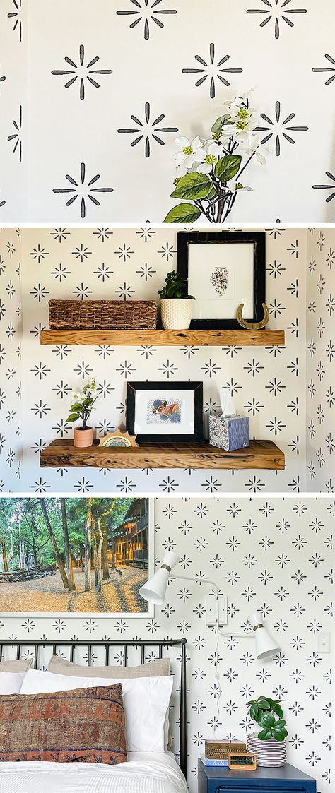 STENCILIT® Starburst Wall Stencil Pattern for Walls - XL Size 24"x39.4" - Modern and Minimal Scandinavian Template - Geometrical Stencils for Painting Wall Pattern Stencil, Simple Wallpaper Accent Wall, Easy Stencil Wall Ideas, Stenciled Entryway Wall, Stenciled Dining Room, Wall Flower Stencil, Diy Stamp For Wall, Tone On Tone Stenciled Walls, Pattern Stencil Templates