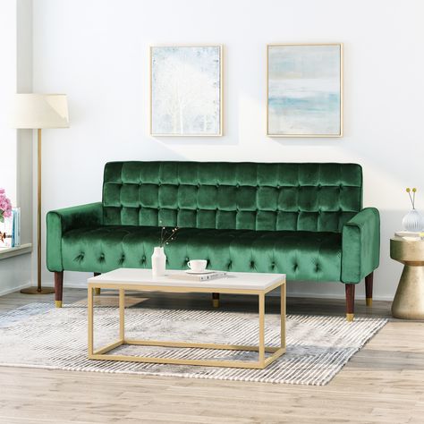 Free 2-day shipping. Buy Adan Tufted Velvet Sofa with Gold Tipped Tapered Legs, Emerald and Gold Finish at Walmart.com Green Sofas, Velvet Tufted Sofa, Blue Couch, Gorgeous Sofas, Sofa Material, Therapy Office, Tufted Sofa, Sofa Living Room, Noble House