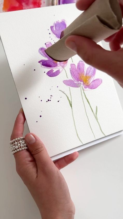 Anna Koliadych | Lavender painting with watercolor and cotton swab 💜💚 #watercolor #watercolorpainting #watercolortutorial #artinspiration #paintingprocess #… | Instagram Simple Card Painting Ideas, 4x6 Watercolor Paintings, Painting With Fingerprints, Angel Watercolor Paintings Easy, Watercolor Diy Tutorials, Diy Cards Watercolor, Easy Diy Watercolor Cards, Watercolor Art Face Easy, Watercolour Inspiration Easy