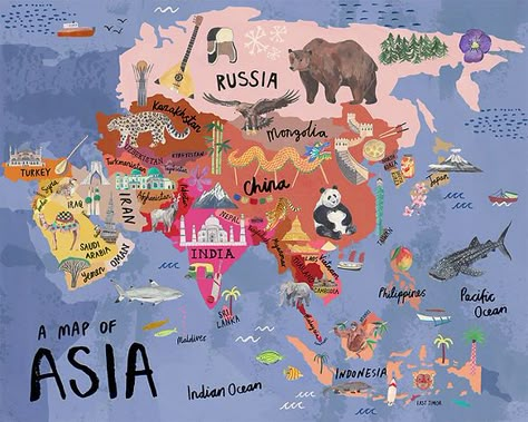 Aesthetic Geography, Asian Maps, World Map Continents, Continents Of The World, Map Of Asia, World Map With Countries, Maps Aesthetic, Asia Continent, Seven Continents