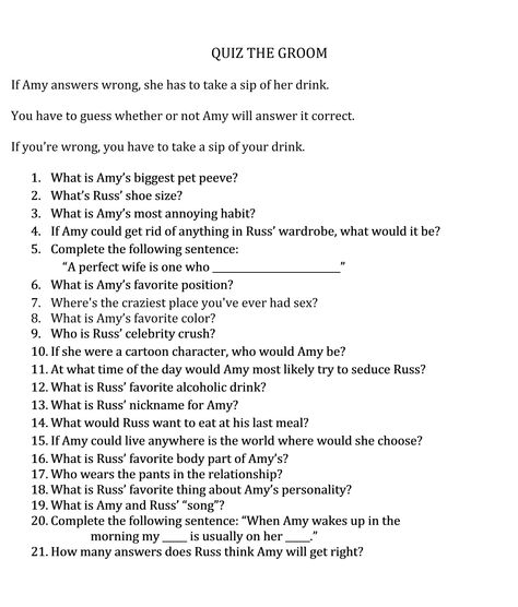 Quiz the Groom questions. Before the bachelorette part, we asked the groom all of these questions then the bride had to guess what he answered. She got 10 right! #quizthegroom #bachelorettepartygames Guess The Grooms Answers, Quiz The Groom Bachelorette Games, Bachelorette Party Quiz For Bride, Bachelorette Quiz The Groom, Bachelorette Ask The Groom Questions, Groom Answers Questions About Bride, Groom Trivia Questions Bachelorette, Bachelorette Couple Questions, Quiz The Groom Questions