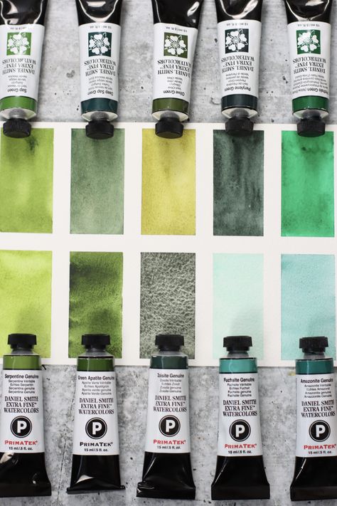 Daniel Smith Green Watercolors Daniel Smith Watercolor Palette, Handmade Watercolor Paint, Watercolour Swatches, Zorn Palette, Watercolor Swatches, Daniel Smith Watercolor, Realism Artists, Watercolor Workshop, Watercolor Mixing