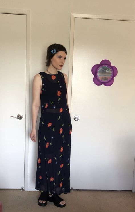 outfit styling, maxi dresses, maxi dress outfit, floral dress outfit, platform sandal outfit, thrifted fashion, thrifted outfits, 90s aesthetic 90s Flower Dress, 90s Dress Outfit, Styling Maxi Dresses, Platform Sandal Outfit, 90s Floral Dress, Floral Dress Outfit, Floral Dress Outfits, Vintage 90s Dress, Thrifted Fashion