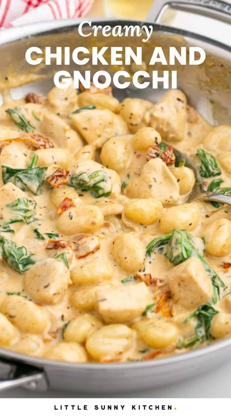 Creamy Chicken and Gnocchi is a delicious one-skillet pasta meal with sundried tomatoes and spinach that you can make in under half an hour. Creamy Parmesan Gnocchi, White Wine Gnocchi, Gnocchi Recipes Alfredo Sauce, Turkey And Gnocchi Recipes, Creamy Chicken Nochi, Chicken Nochi Pasta, Creamy Chicken Gnocchi With Spinach, Chicken And Gnocchi Crockpot Recipes, Turkey Gnocchi Recipes