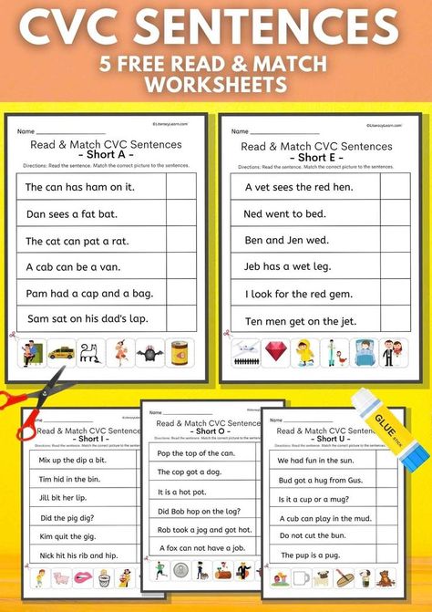 Graphic with all five worksheets on a yellow background, and a photo of the printed worksheets with a glue stick and scissors. Cvc Sentences Worksheets, Really Great Reading, Cvc Sentences, Decodable Sentences, First Grade Homework, Sentences Kindergarten, Cvc Worksheets, Cvc Words Worksheets, Sentence Activities