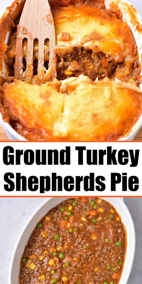 Ground Turkey Shepherd's Pie recipe! A savory twist on the classic, this dish features lean ground turkey simmered with vegetables in a rich gravy, topped with creamy mashed potatoes, and baked to golden perfection. Perfect for cozy family dinners or meal prep, this wholesome Shepherd's Pie will warm your heart and satisfy your taste buds. Ground Turkey Pot Pie, Ground Turkey Shepherd's Pie, Turkey Shepherds Pie Recipe, Turkey Shepherds Pie, Eggplant Recipes Easy, Instant Mashed Potatoes, Comfort Casseroles, Turkey Pot Pie, Shepherds Pie Recipe