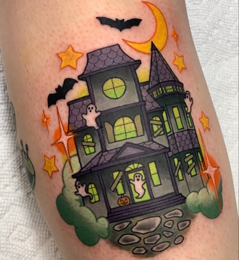 Spooky Cute Tattoo, Vintage Halloween Tattoos, Cute Horror Tattoo, Haunted House Tattoo, Cute Reference, Neat Tattoos, Tattoo Drawing Ideas, Sick Tattoos, House Tattoo