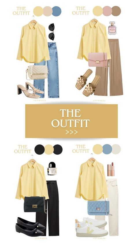 Fashion Mix And Match, Yellow Top Outfit Ideas, How To Style Yellow Shirt, Yellow Shirt Outfit Hijab, Yellow Shirt Outfit Women Casual, Summer Fit Inspo 2024, Yellow Color Combinations Outfits, Colorful Outfits Hijab, Colour Matching Clothes