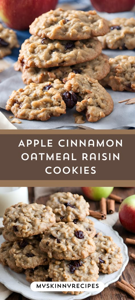 Fall in love with these Apple Cinnamon Oatmeal Raisin Cookies! 🍎🍪 Packed with cozy flavors and wholesome ingredients like oats, raisins, and fresh apples, these cookies are perfect for autumn baking. Get the recipe now and treat yourself to a taste of seasonal sweetness! #FallBaking #CookieRecipes #myskinnyrecipes Maple Oatmeal Raisin Cookies, Apple Oatmeal Raisin Cookies, Apple Cinnamon Oatmeal Cookies Healthy, Pumpkin Oatmeal Raisin Cookies, Recipes Using Old Fashioned Oats, Apple Raisin Muffins, Raisin Recipes Easy, Desserts With Raisins, Recipes Using Raisins