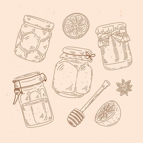 Honey Jar Sketch, How To Draw A Jam Jar, Jam Jar Doodle, Honey Dripping Tattoo, Ball Mason Jar Tattoo, Honey Dipper Drawing, Jelly Jar Tattoo, Jar Of Honey Drawing, Jar Drawing Illustration