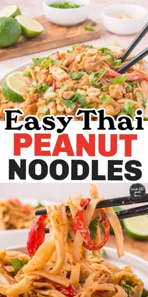 Thai Rice Noodle Recipes Chicken Peanut Sauce, Creamy Peanut-lime Chicken With Noodles, Thai Peanut Chicken Noodles, Konjac Noodles Recipes, Peanut Noodles With Chicken, Thai Chicken Noodles, Whole Lotta Yum, Thai Peanut Noodles, Cold Pasta Dishes