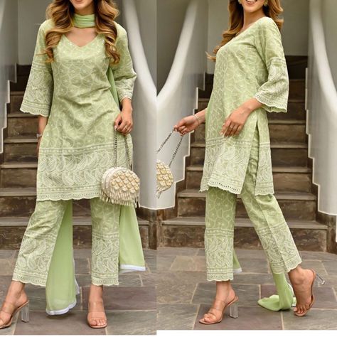 Straight Pants Design For Kurti, Cotton Chikankari Suit Designs, Kurta Neck Designs Women, Kurta Pants For Women, Green Chikankari Kurta, Straight Kurti Designs, Cotton Chikankari Kurta, Types Of Dresses Styles, Chikankari Kurta Set