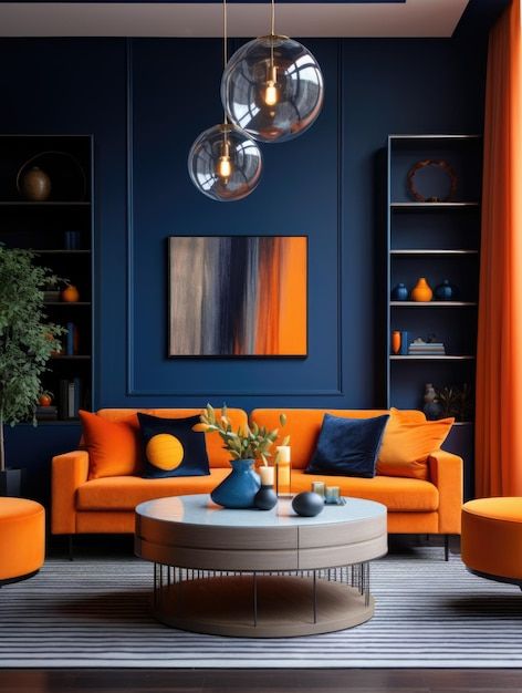 Premium Photo | Interior design of modern living room with dark blue walls and orange furniture Blues And Orange Living Room, Orange Couch Blue Walls, Living Room Decor Dark Blue, Blue And Orange Living Room Ideas, Blue And Orange Lounge, Blue Orange Living Room Color Scheme, Bold Interior Design Living Room, Red Color Interior Design, Blue And Burnt Orange Living Room