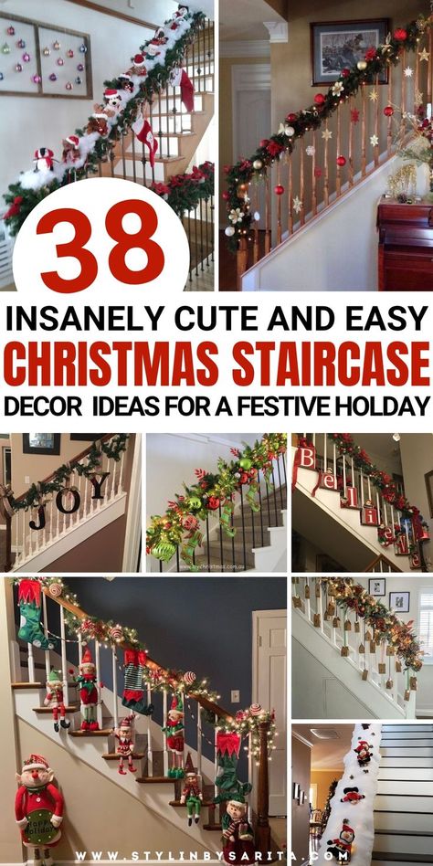 christmas staircase decorations Farmhouse Christmas Staircase, Christmas Decorations Stairs Banisters, Christmas Decor Townhouse, Stair Banister Christmas Decor, Christmas Stair Ideas, Decorating Staircase For Christmas Banister Ideas, Bows For Staircase Garland, Christmas Decorations For Banisters, Xmas Staircase Decor Railings