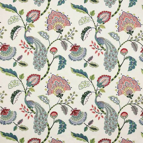 Jaipur Peacock, blue, soft red - Cowtan & Tout Design Library Silky Pattern, Kalamkari Pattern, Vintage Wallpaper Patterns, Kashmiri Work, Embroidered Peacock, Block Print Wallpaper, Tulip Art, Jane Churchill, Peacock Fabric